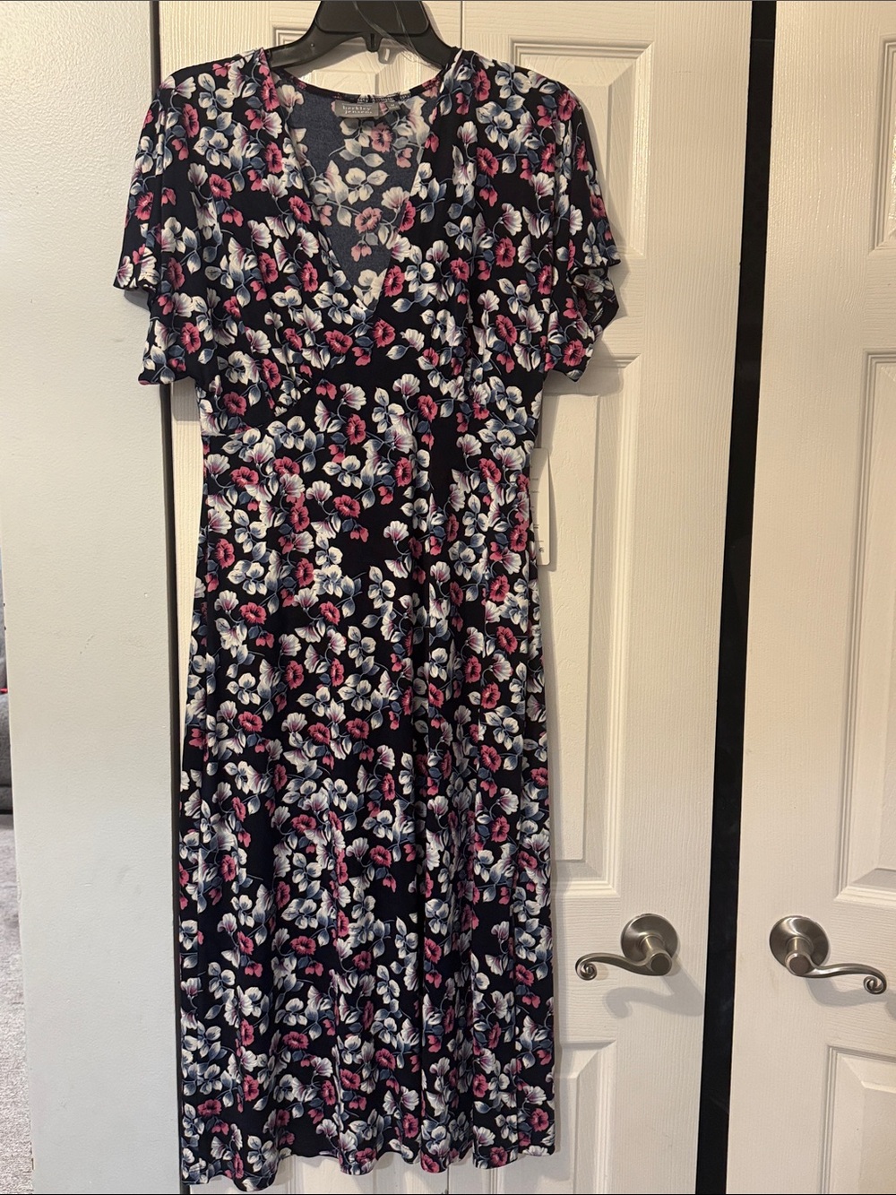 Navy Floral Midi Dress with Pink & White Blooms